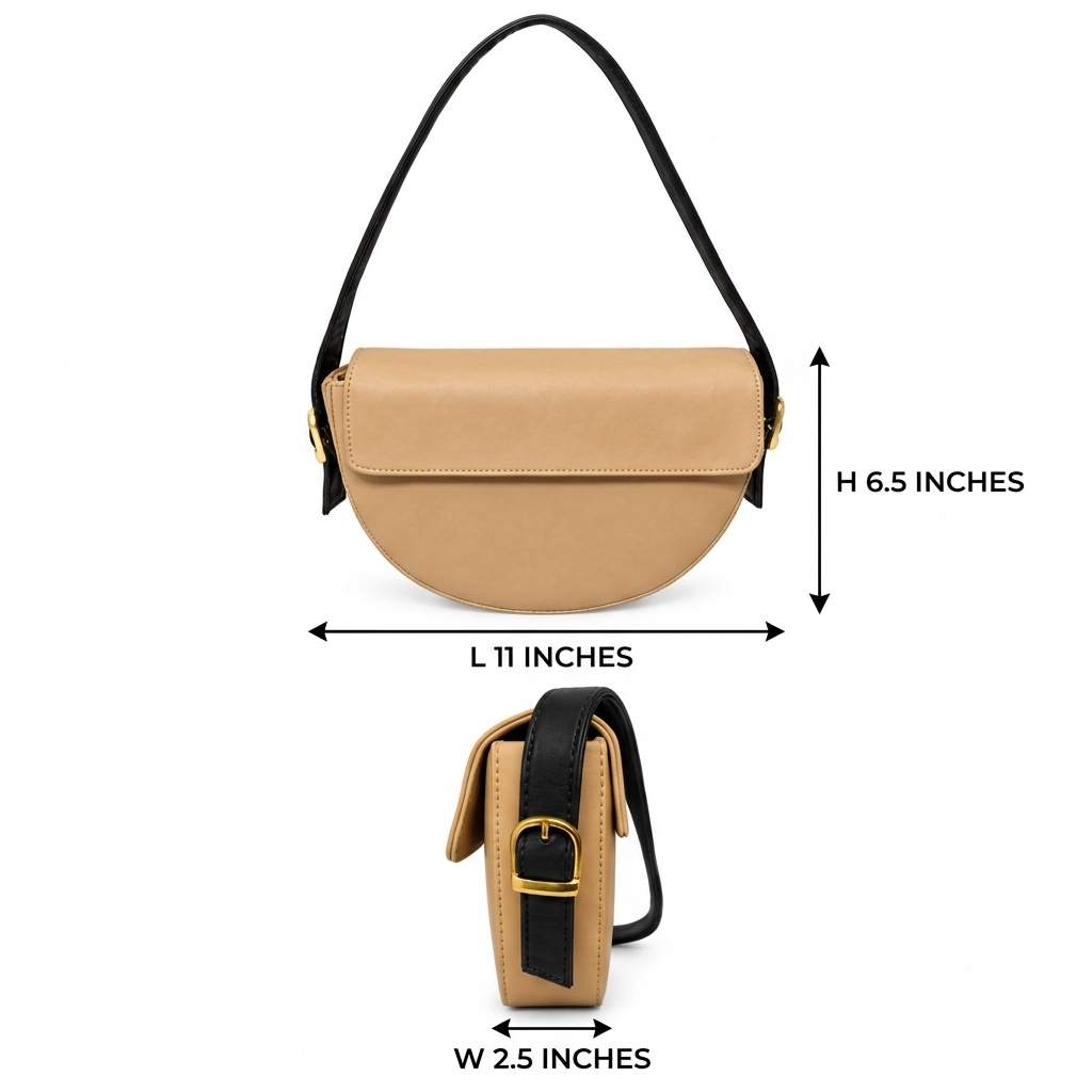 Elegant Tan & Black Saddle Sling Bag with Flap Design & Gold-Tone Details for Women & Girls