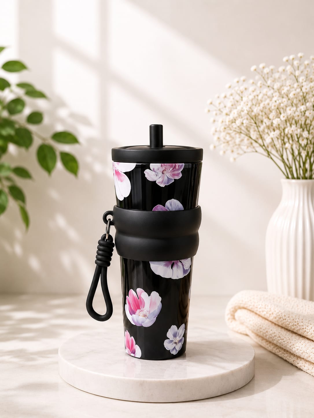 Flower Printed Stainless Steel Tumbler with Straw & Lid