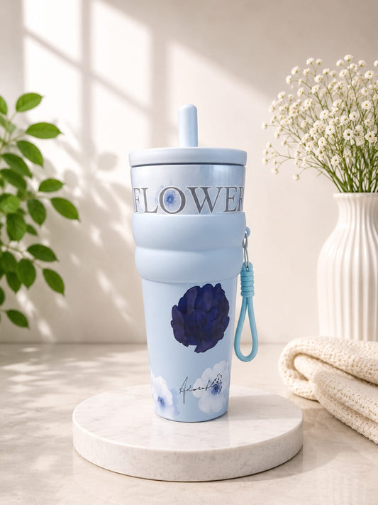 Flower Printed Stainless Steel Tumbler with Straw & Lid