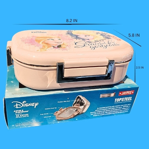 Frozen Princess Kids Lunch Box with Stainless Steel Spoon | Insulated Steel Tiffin Box | Leak-Proof & Food Grade | Pink