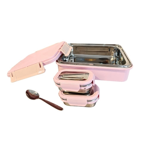 Premium Stainless Steel Insulated Lunch Box Set with 2 Containers & Spoon | Leak-Proof | 3 Colour Options (Green, Pink, Beige)