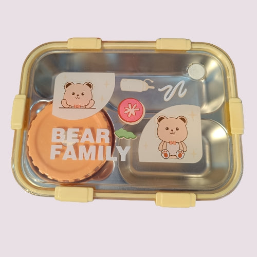 Bear Family Stainless Steel Lunch Box for Kids | Bento Lunch Box with Sauce Container | Leakproof 3-Compartment Tiffin Box