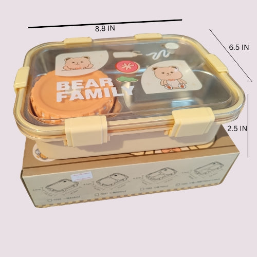 Bear Family Stainless Steel Lunch Box for Kids | Bento Lunch Box with Sauce Container | Leakproof 3-Compartment Tiffin Box