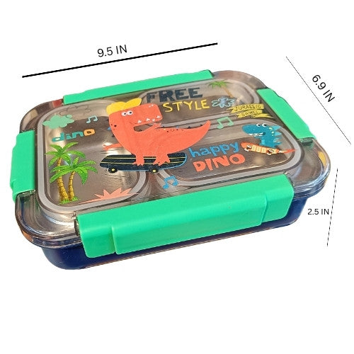 Premium Stainless Steel Lunch Box for Kids – Dinosaur Print, 3 Compartments & Airtight Seal