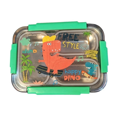 Premium Stainless Steel Lunch Box for Kids – Dinosaur Print, 3 Compartments & Airtight Seal