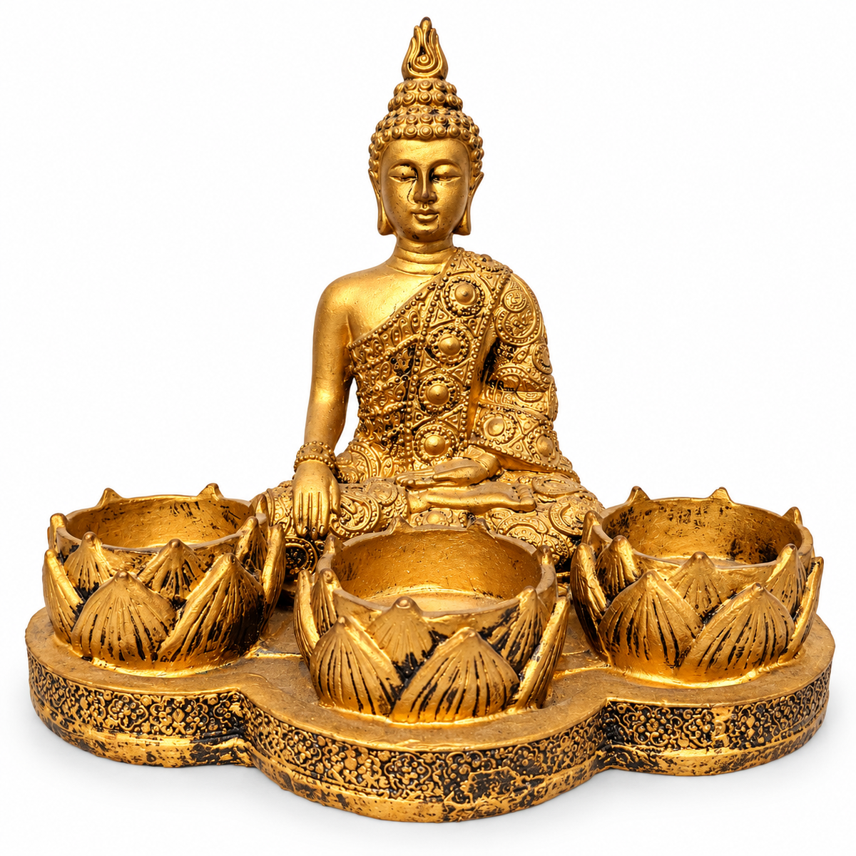 Antique gold buddha lotus diya holder – luxury artistic home decor showpiece for living room, office, study and tabletop decoration