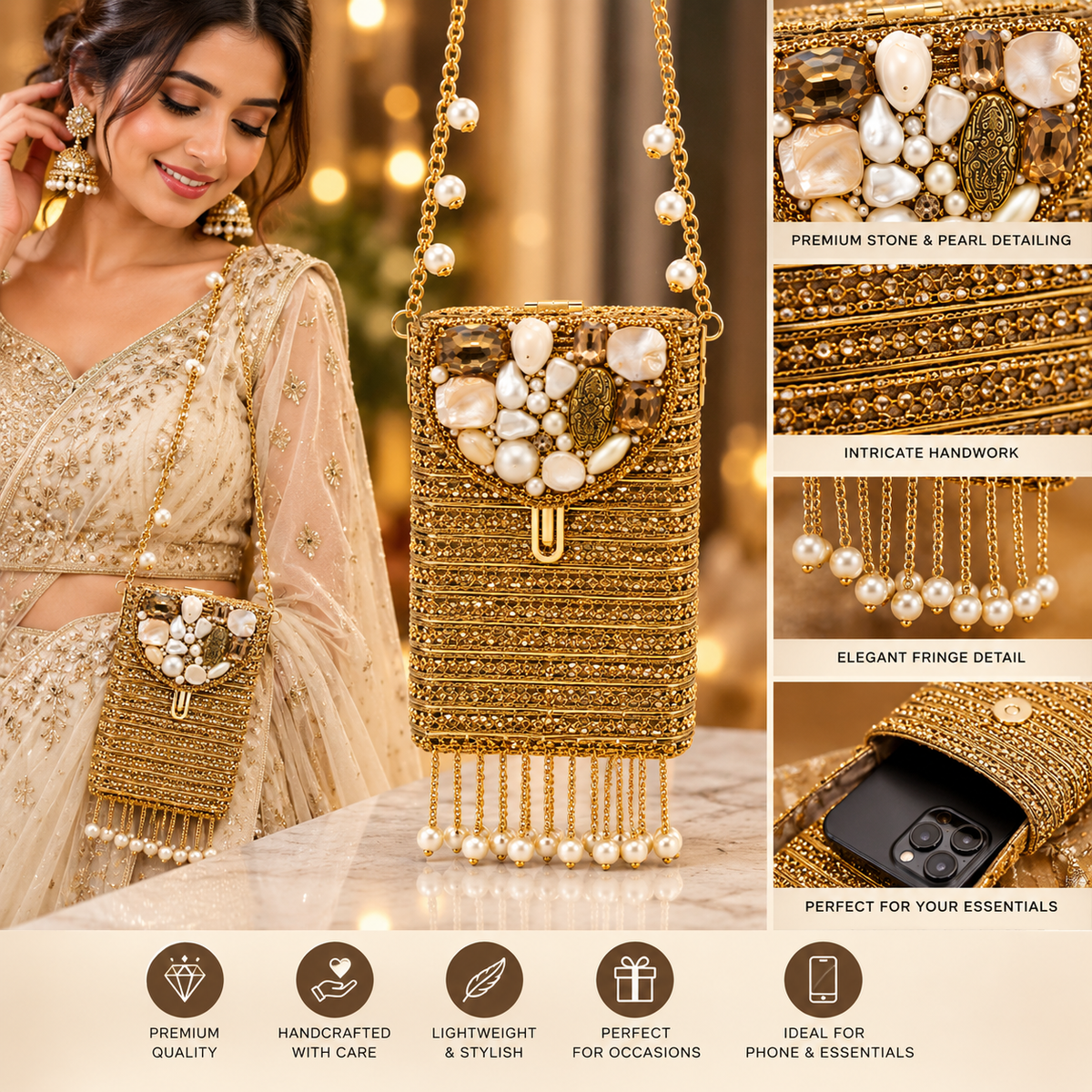 Pearl Embellished Premium Ethnic Mobile Sling Bag