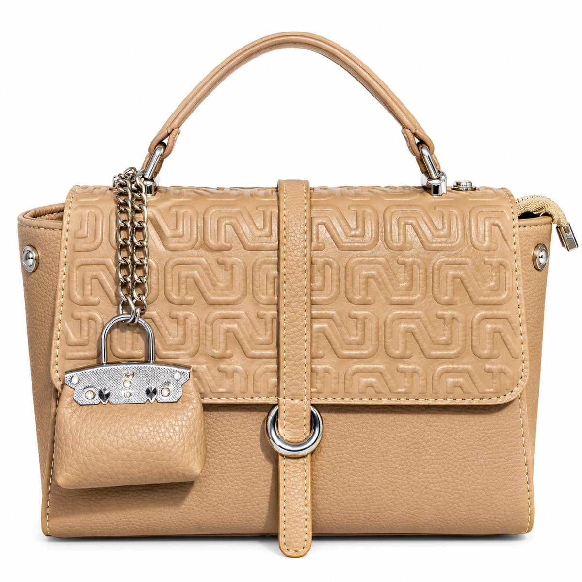 Elegant Brown Textured Handbag with Long Shoulder Strap & Mini Pouch