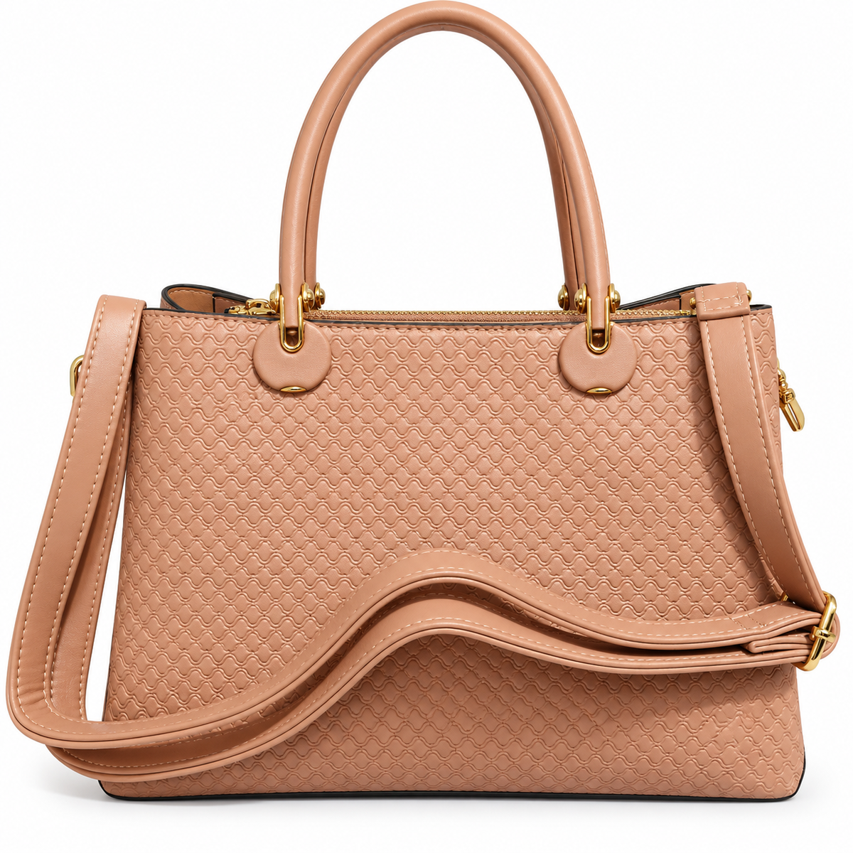Embossed Nude Textured Handbag with Gold Charm & Detachable Sling Strap