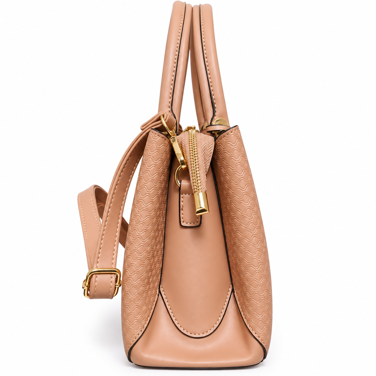 Embossed Nude Textured Handbag with Gold Charm & Detachable Sling Strap