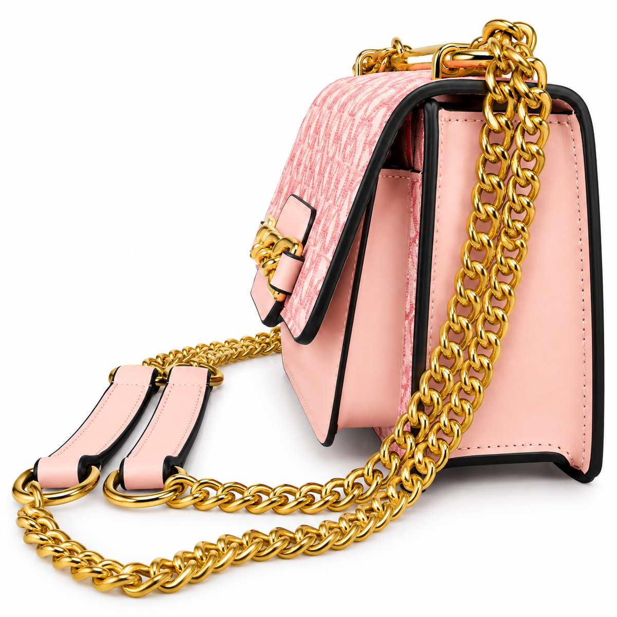 Stylish Pink Monogram Crossbody Sling Bag with Heavy Gold Chain Strap