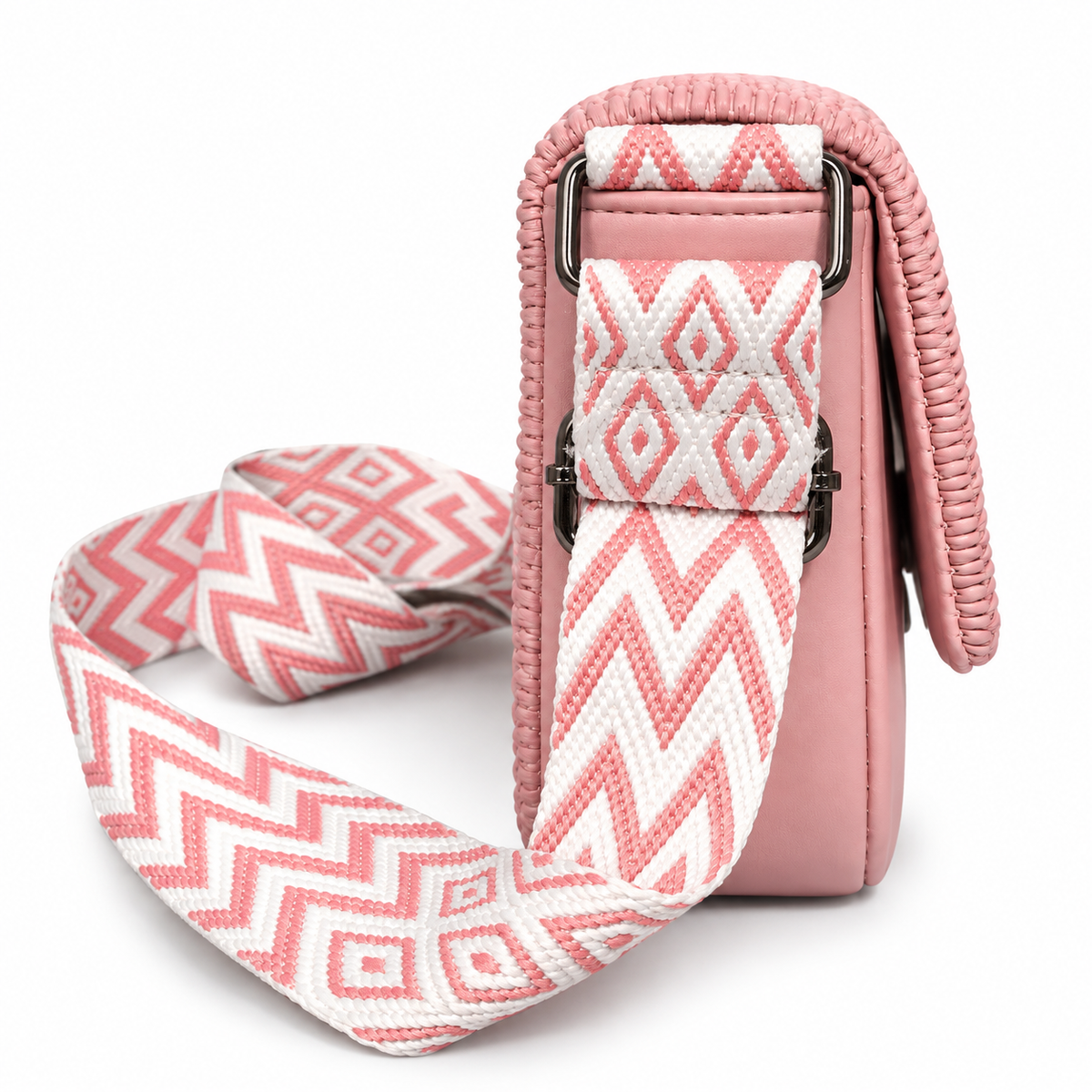 Pink Woven Textured Sling Bag for Women with Adjustable Printed Strap