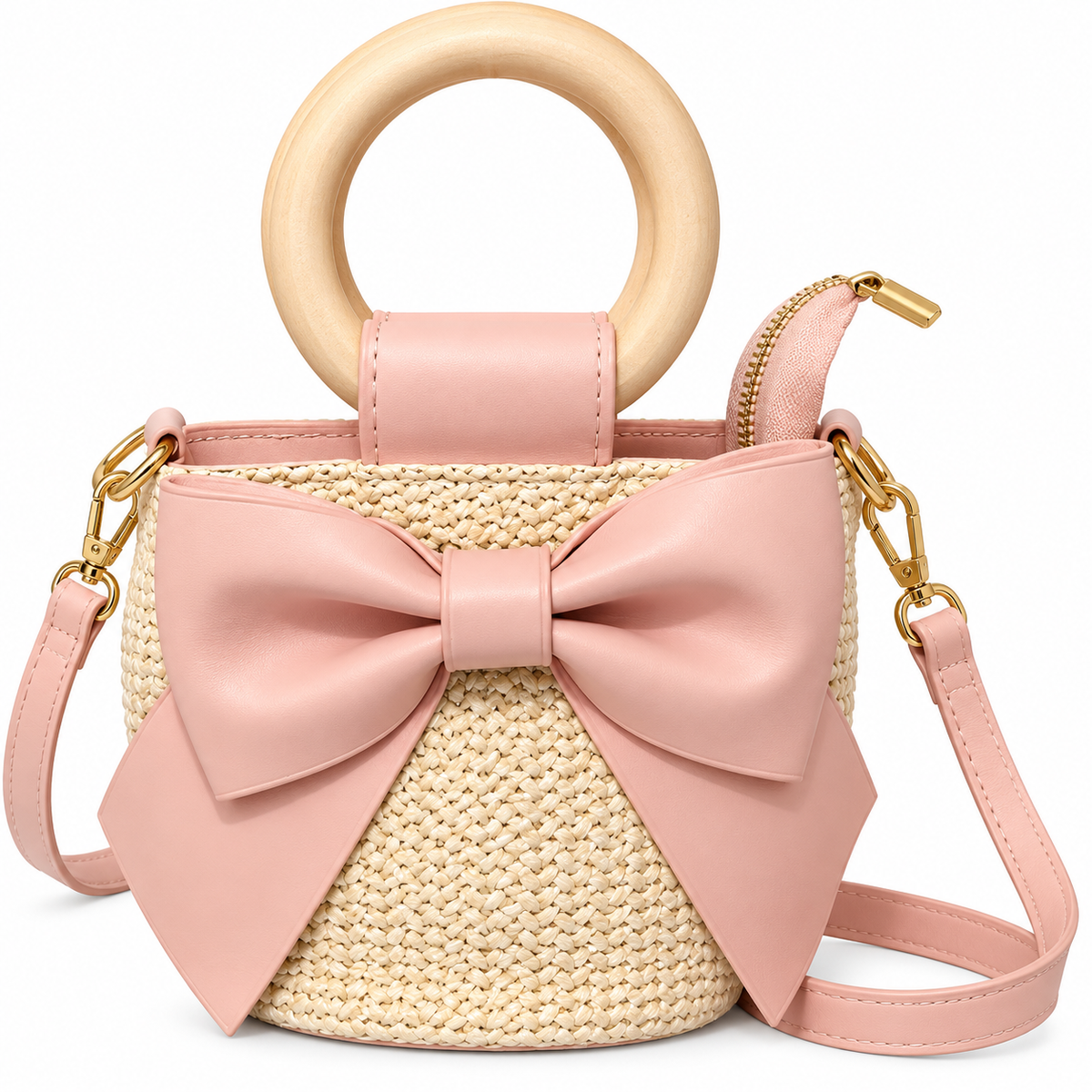 Wooden Handle Bow Straw Mini Bag for Gils