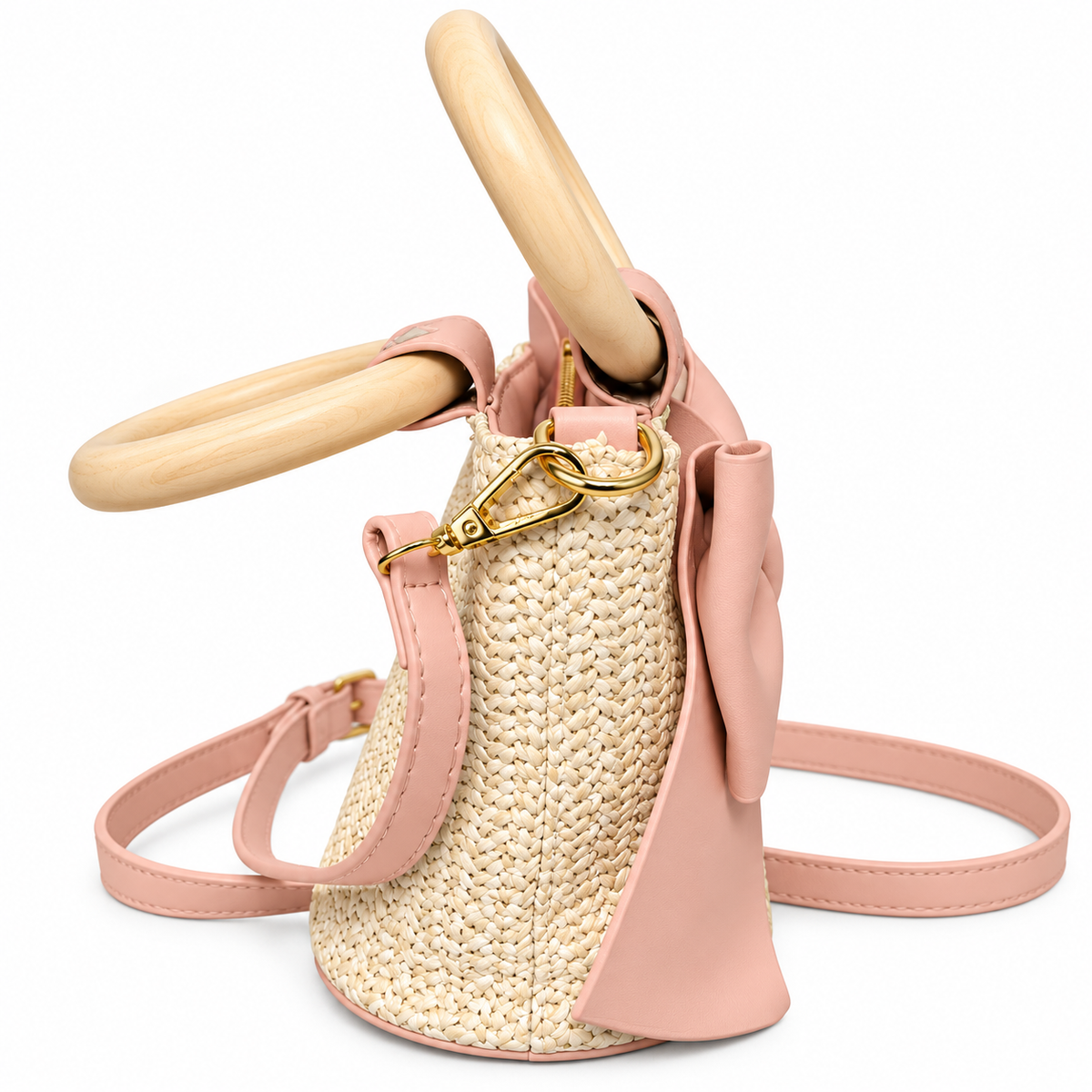 Wooden Handle Bow Straw Mini Bag for Gils
