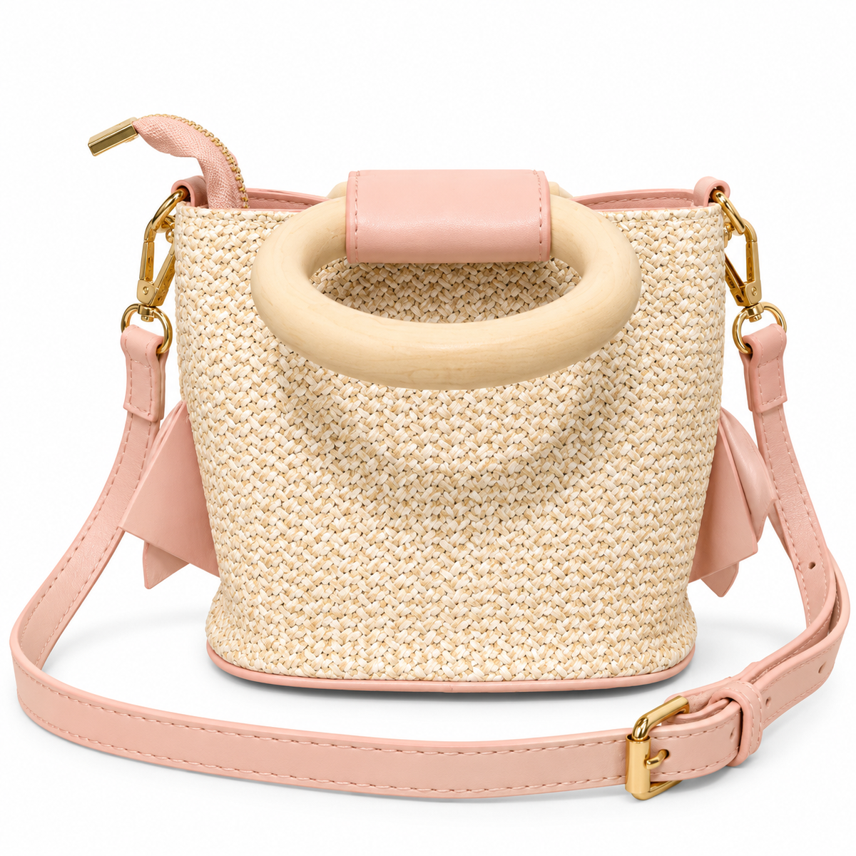 Wooden Handle Bow Straw Mini Bag for Gils