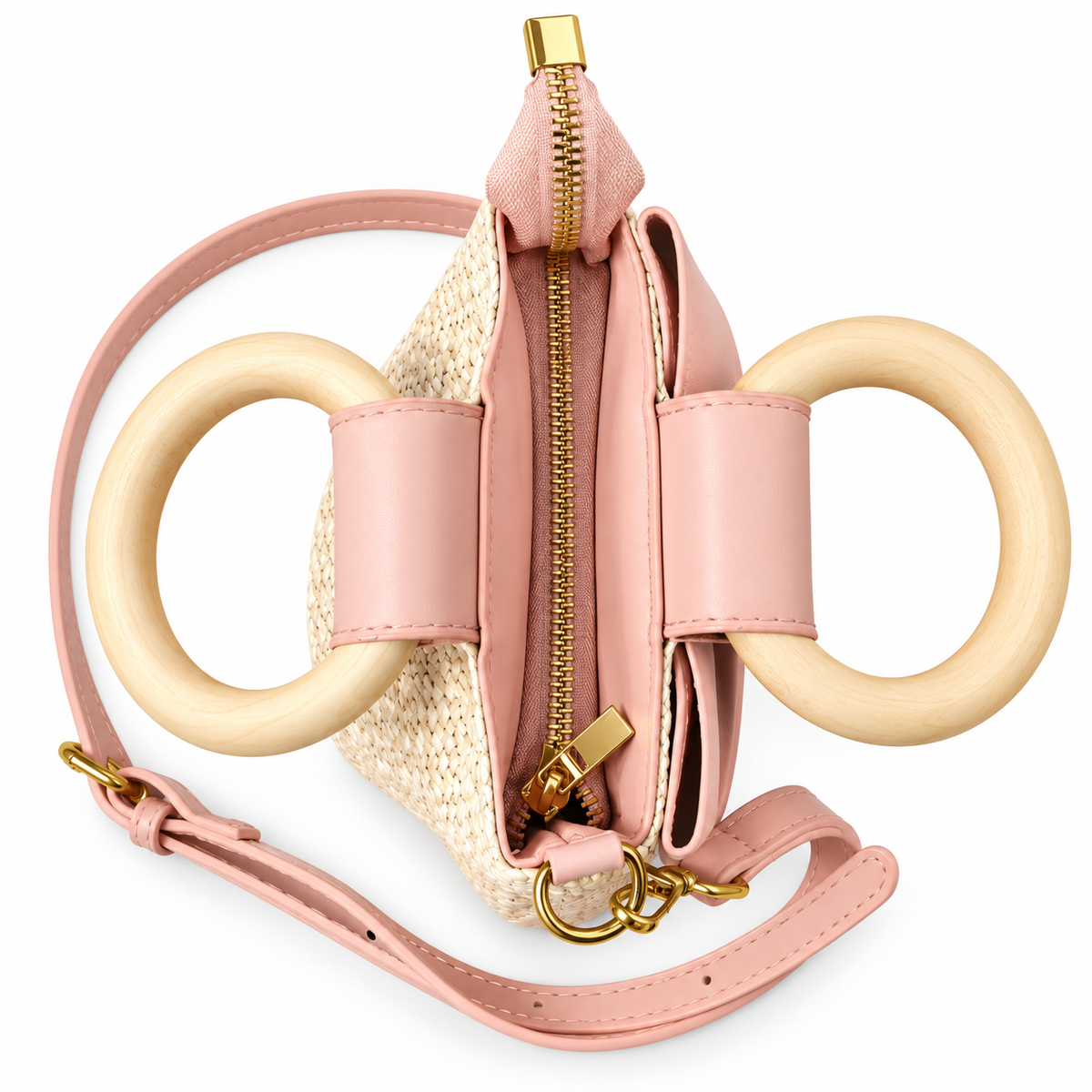 Wooden Handle Bow Straw Mini Bag for Gils