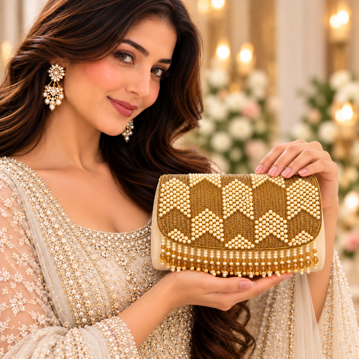 Gold Pearl Crystal Designer Clutch Bag Sling / hand bag for Party weare