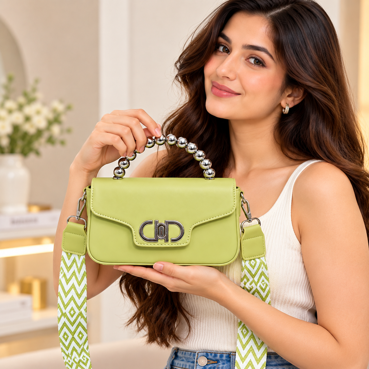 Premium Lime Green Beaded Handle Sling Bag for Women | Detachable Strap Party Wear Handbag