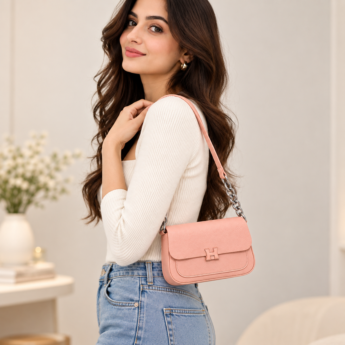 H PINK SHOULDER BAG FOR WOMEN – ELEGANT TEXTURED HANDBAG WITH CHAIN STRAP