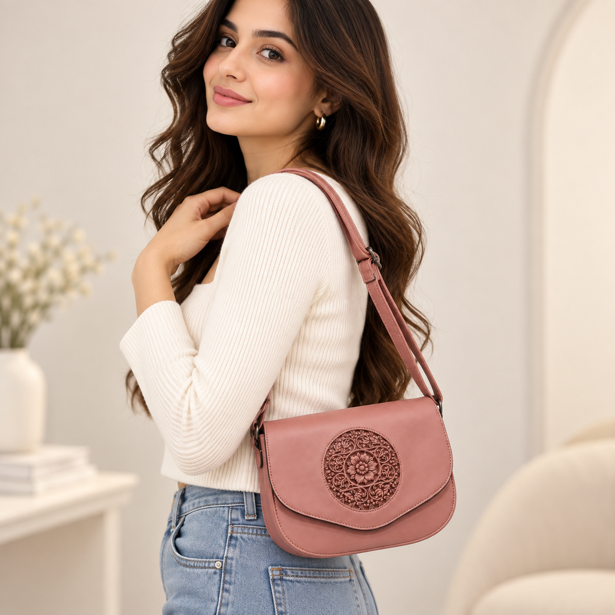 Floral Embossed Pink Sling Bag for Women – Elegant Crossbody Shoulder Handbag