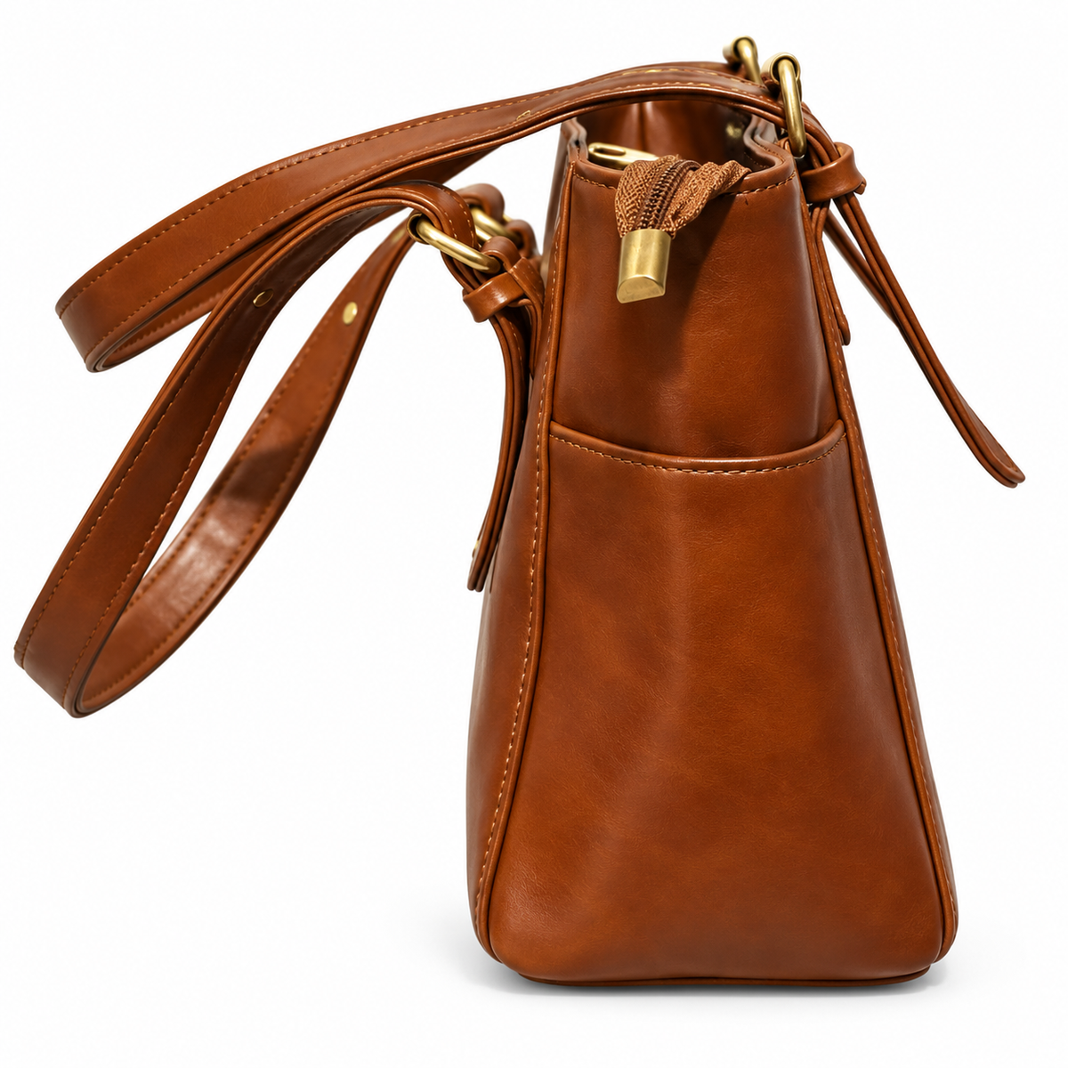 Women's Classic Brown Tote Hand Bag with Side Pockets