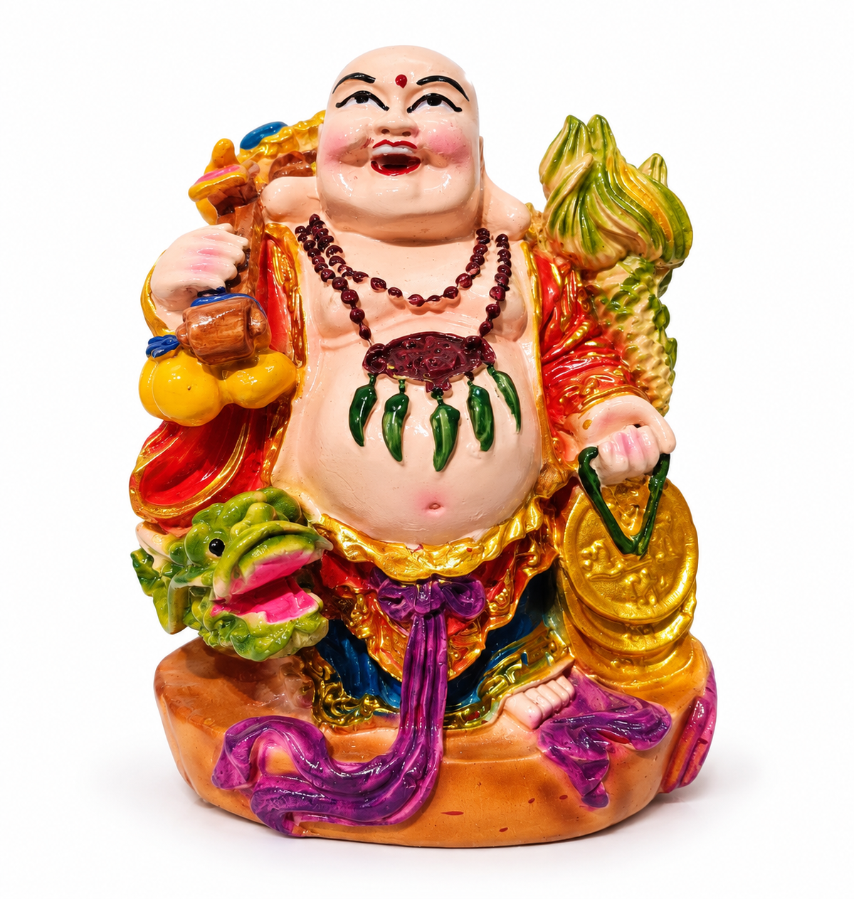 Colourful laughing buddha showpiece with dragon and wealth accessories - luxury artistic home decor showpiece for living room, office, study and tabletop decoration