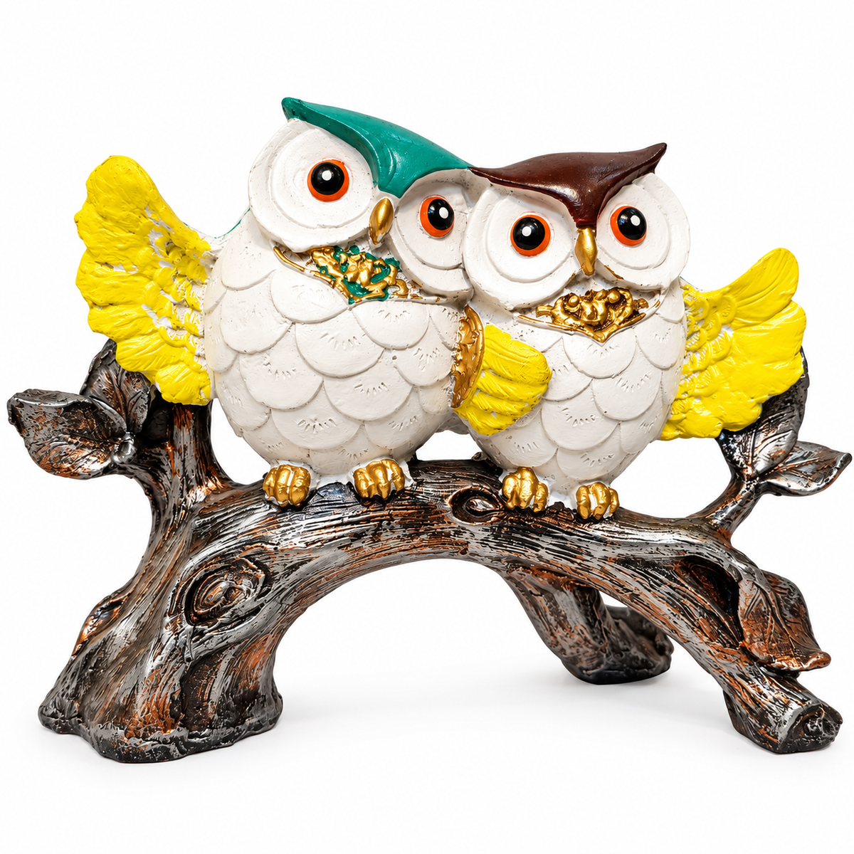 colourful owl couple on tree branch – luxury artistic home decor showpiece for living room, office, study and tabletop decoration