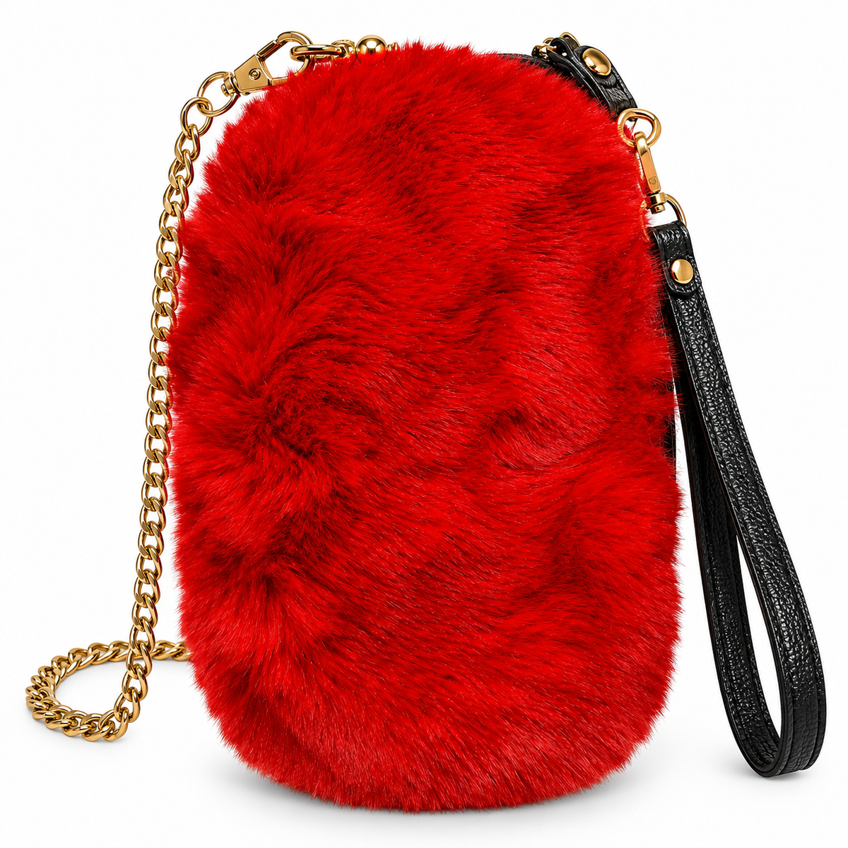 Soft Plush Fur Mini Sling & Hand Bag With Gold Chain