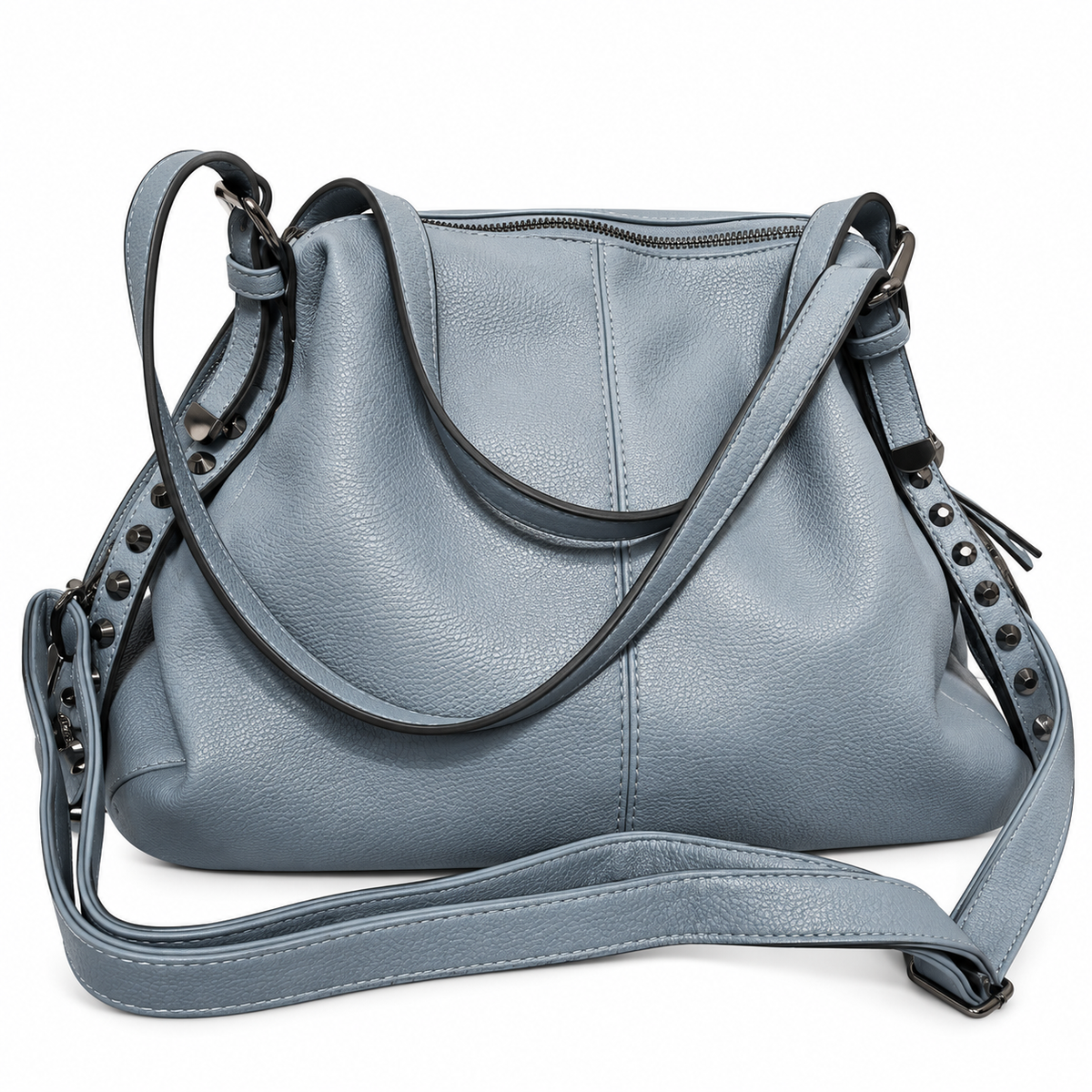 Dusty Blue Studded Hobo Handbag with Detachable Strap – 3 Zip Compartments