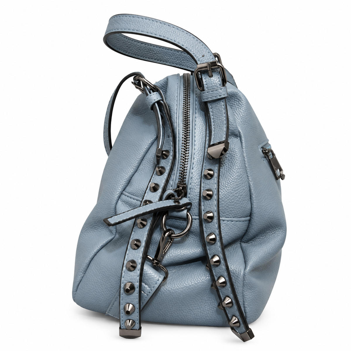 Dusty Blue Studded Hobo Handbag with Detachable Strap – 3 Zip Compartments