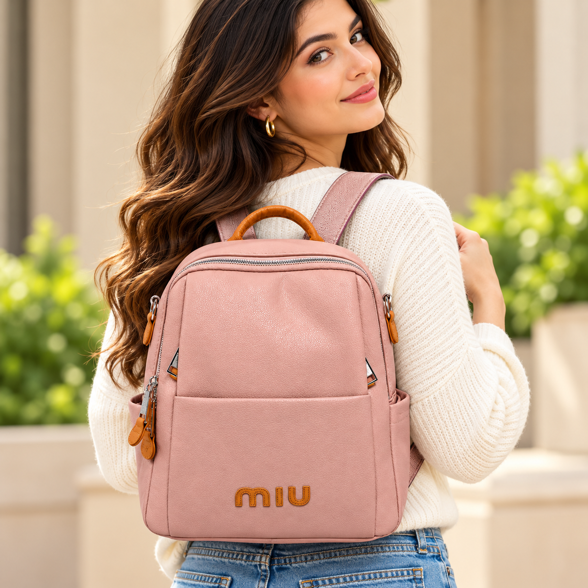 MIU Stylish Dusty Pink Leather Backpack for Daily Use