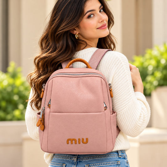 MIU Stylish Dusty Pink Leather Backpack for Daily Use