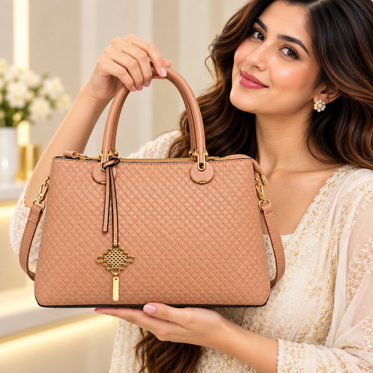 Embossed Nude Textured Handbag with Gold Charm & Detachable Sling Strap