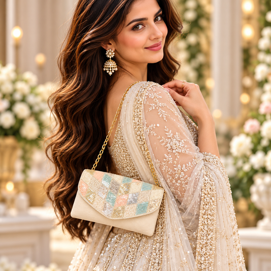 Pastel Mosaic Sequin Party Wear Sling Clutch with Gold Chain Strap