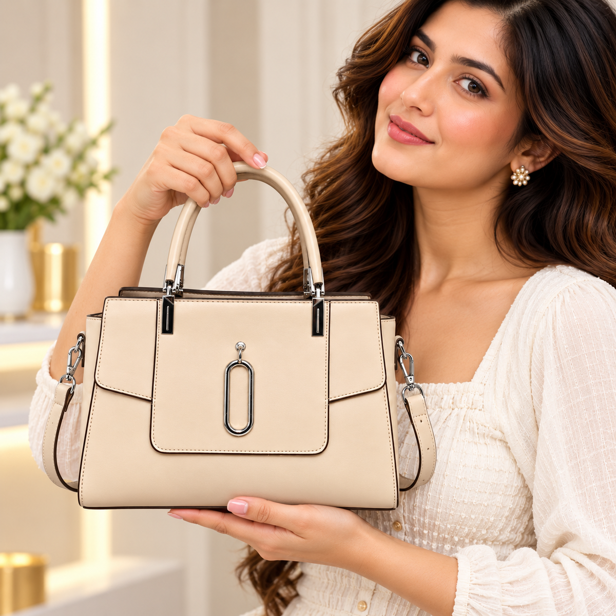 Elegant Cream Structured Handbag for Women – 2 Zip Compartments