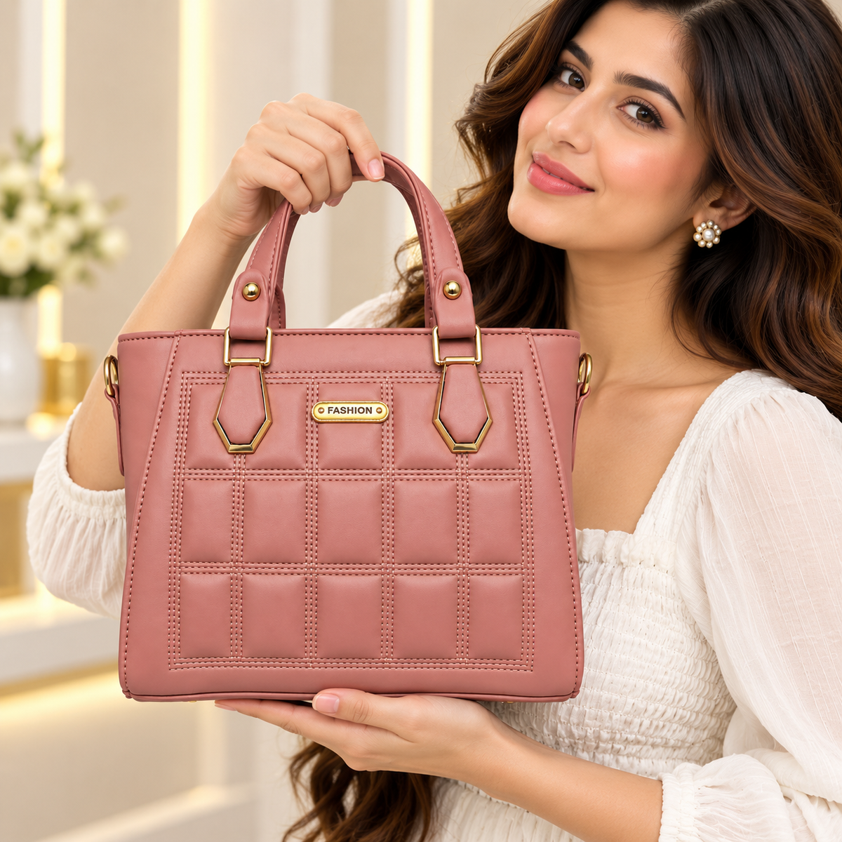 Fashion Dusty Rose Quilted Handbag with Adjustable Shoulder Strap