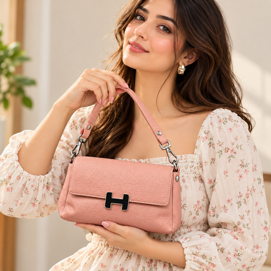 blush pink pebbled leather crossbody handbag for women