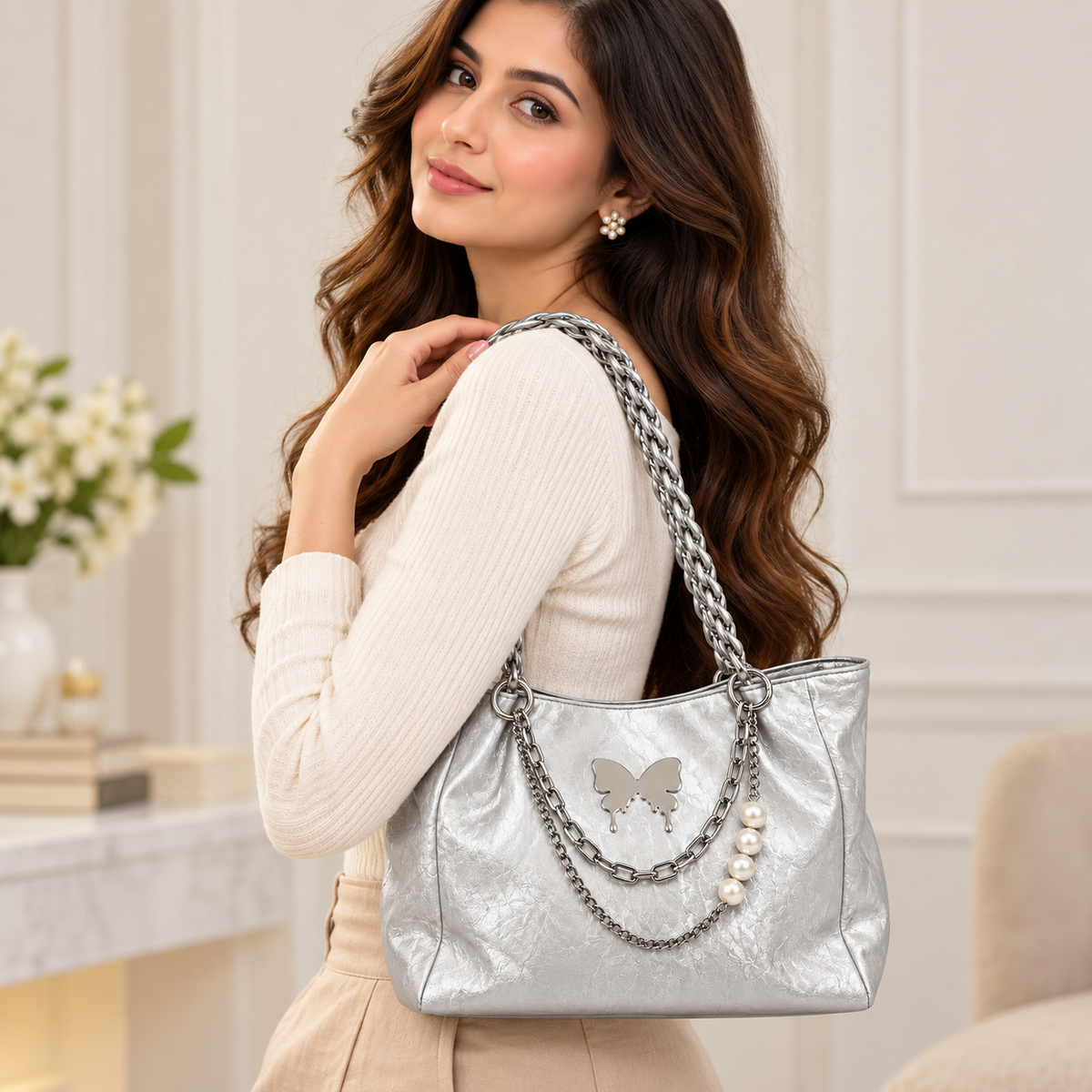 Metallic Butterfly Chain Sling / hand Bag