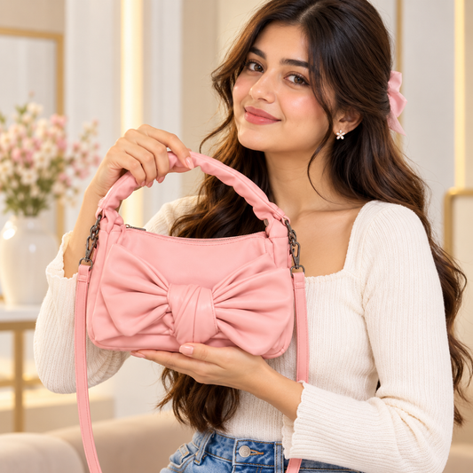Pink Bow Shoulder Handbag | Stylish Top Handle & Adjustable Sling Strap | Cute Fashion Bag