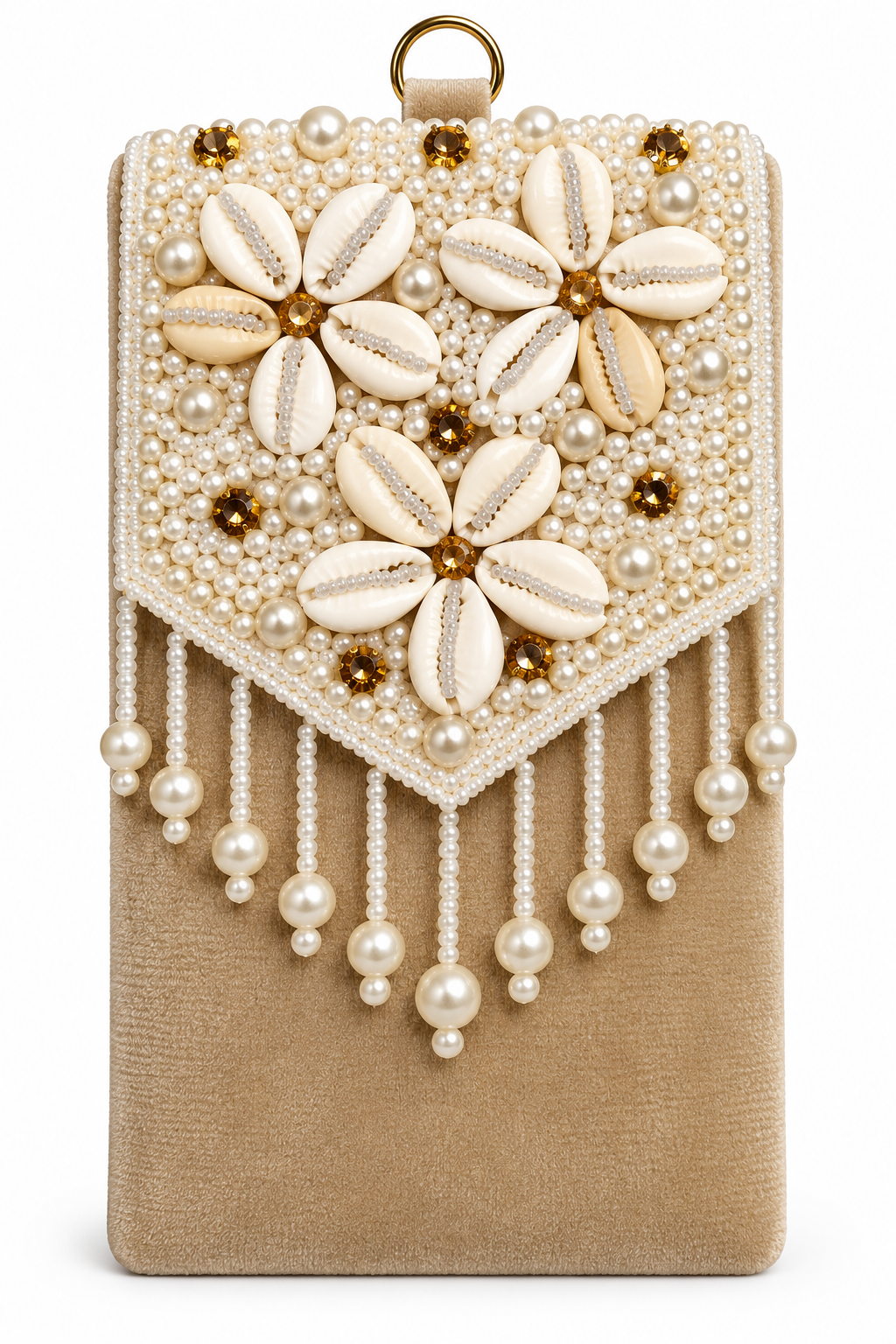 PEARL & SHELL EMBELLISHED PHONE SIZE POUCH BAG