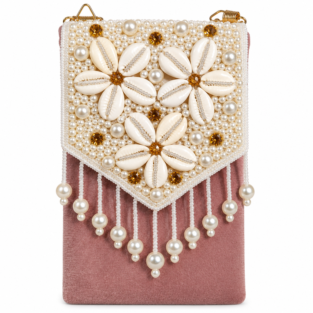 PEARL & SHELL EMBELLISHED PHONE SIZE POUCH BAG