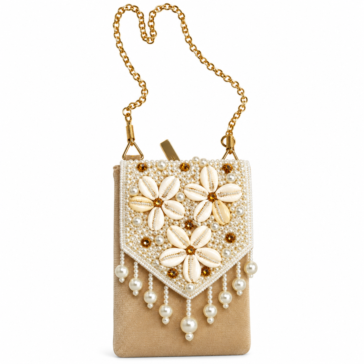 PEARL & SHELL EMBELLISHED PHONE SIZE POUCH BAG