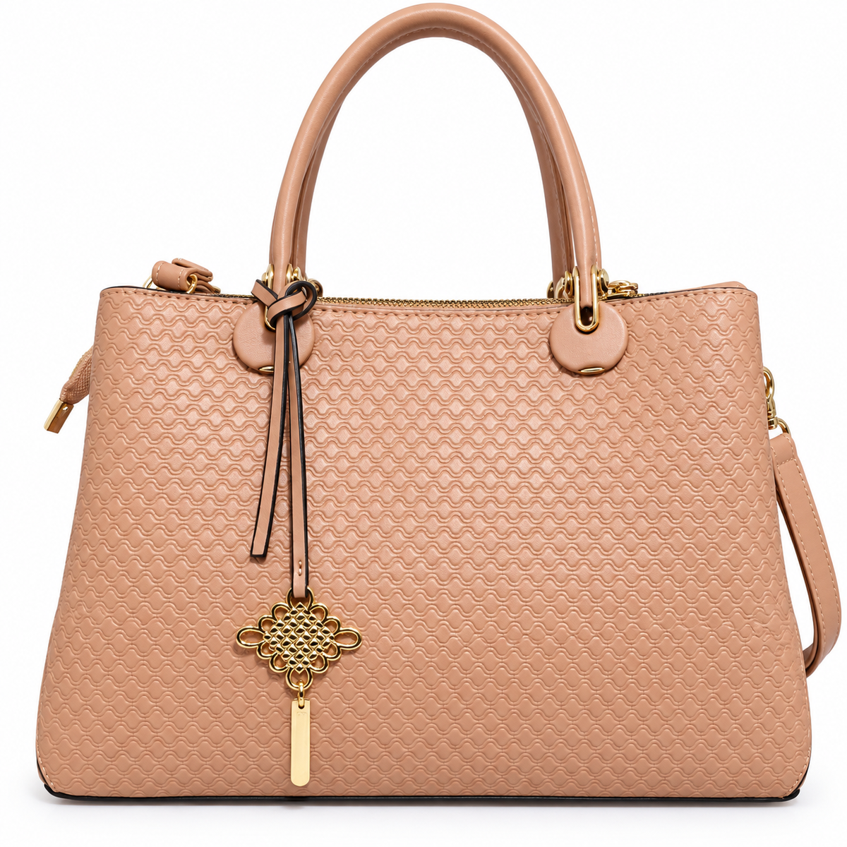 Embossed Nude Textured Handbag with Gold Charm & Detachable Sling Strap