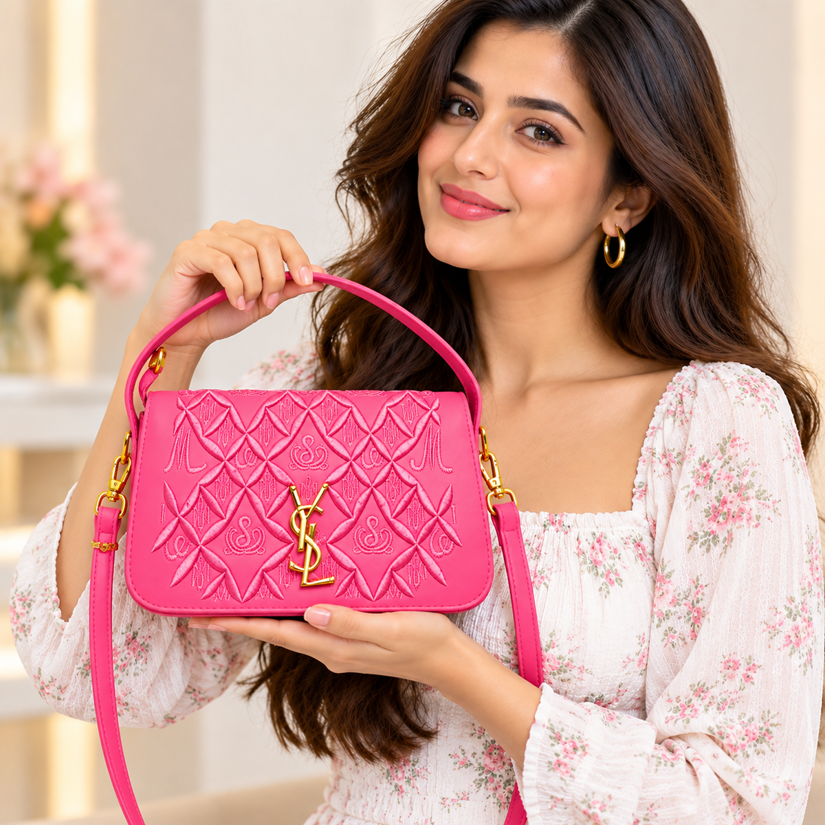 Hot Pink Embroidered Sling & Hand Bag for Women with Detachable Strap