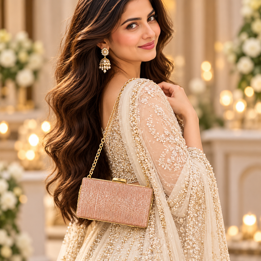 Rose Gold Glitter Party Wear Box Clutch with Detachable Chain Strap
