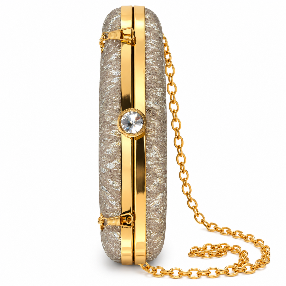 Glamorous Champagne Party Wear Box Clutch with Gold Chain Strap