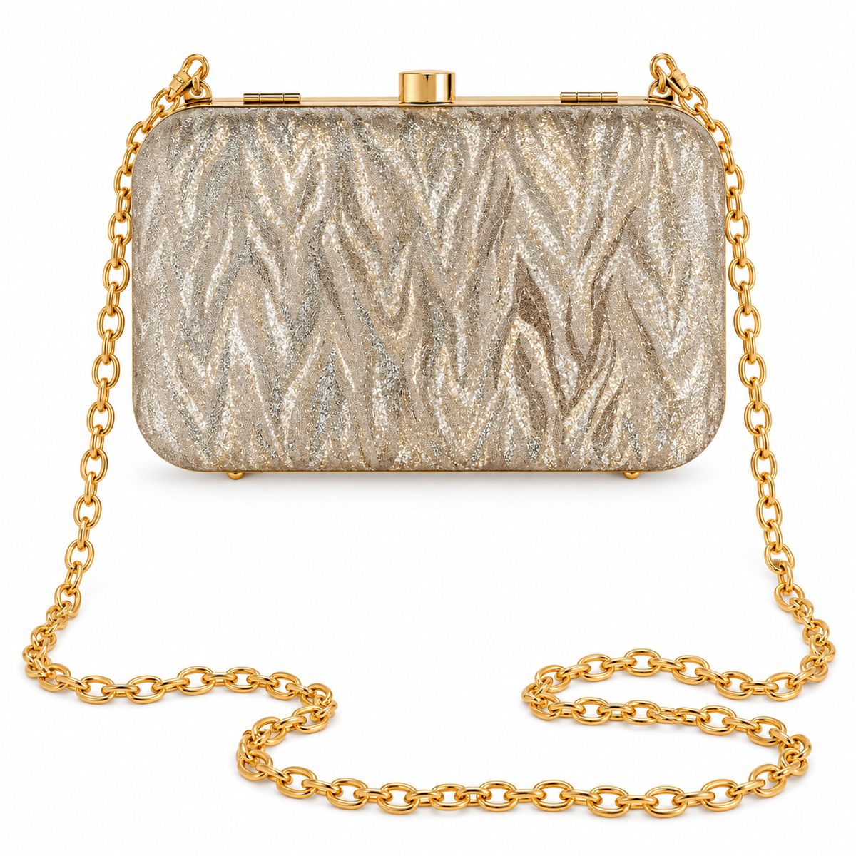 Glamorous Champagne Party Wear Box Clutch with Gold Chain Strap
