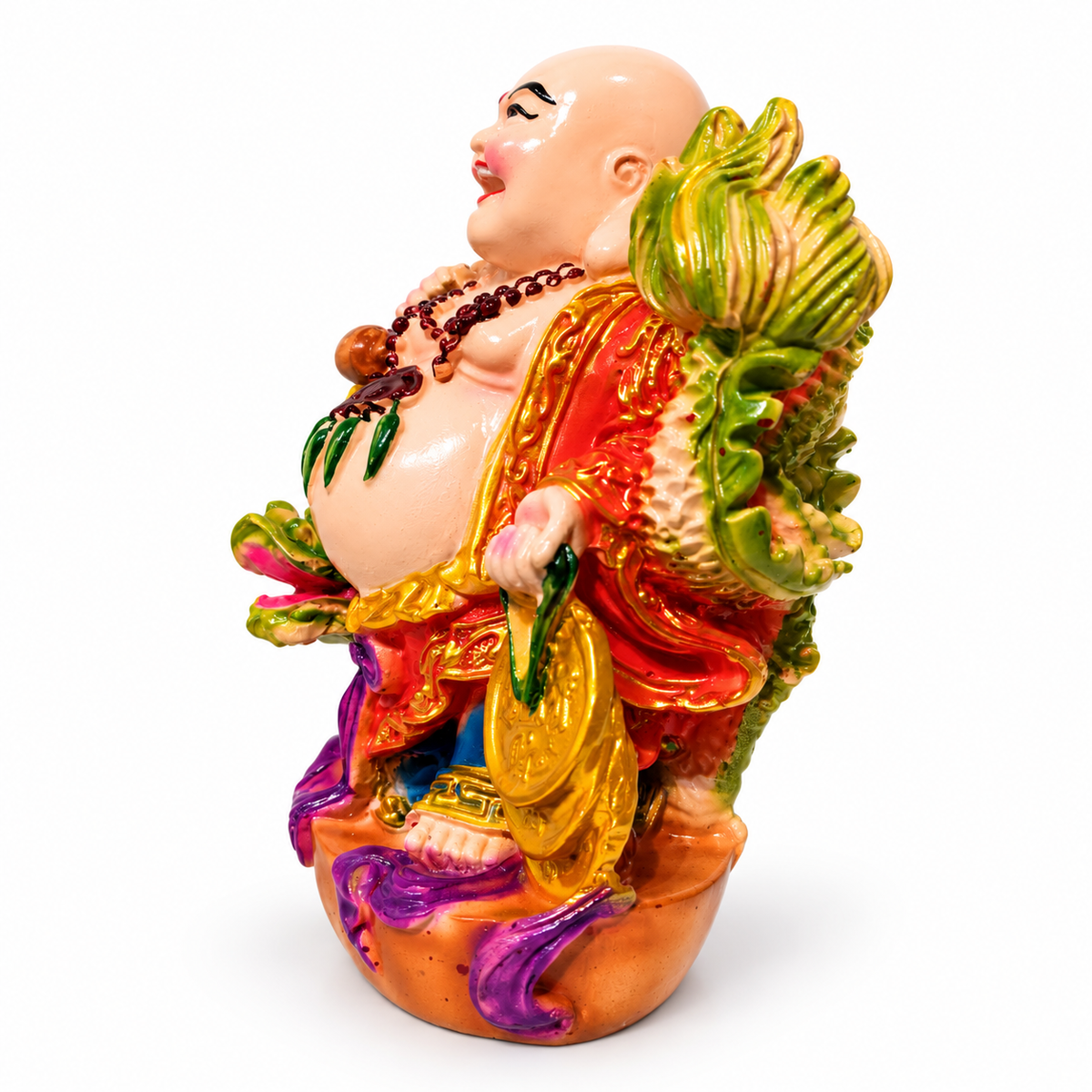 Colourful laughing buddha showpiece with dragon and wealth accessories - luxury artistic home decor showpiece for living room, office, study and tabletop decoration