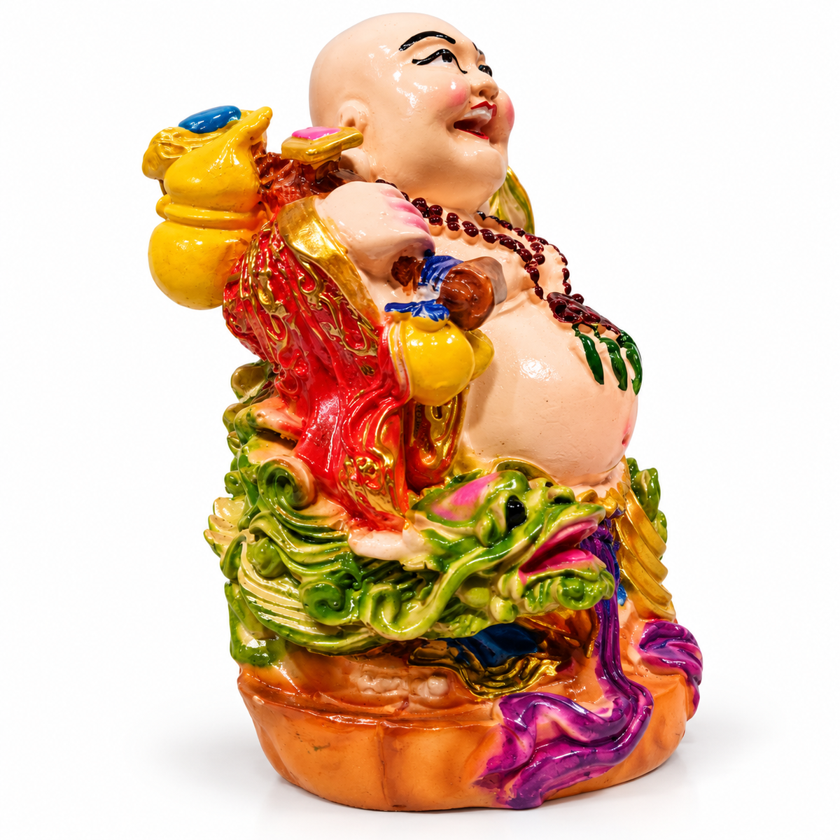 Colourful laughing buddha showpiece with dragon and wealth accessories - luxury artistic home decor showpiece for living room, office, study and tabletop decoration
