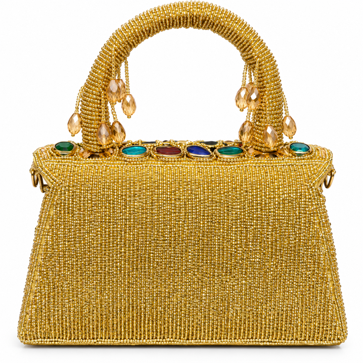 Elegant Gold Beaded Party Handbag with Multicolor Gemstone Embellishment & Detachable Chain